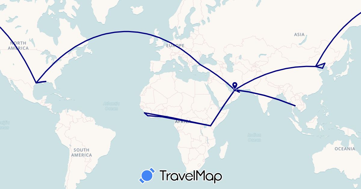 TravelMap itinerary: driving in United Arab Emirates, China, Ghana, Kenya, Liberia, Oman, Sierra Leone, Thailand, Turkey, United States (Africa, Asia, North America)